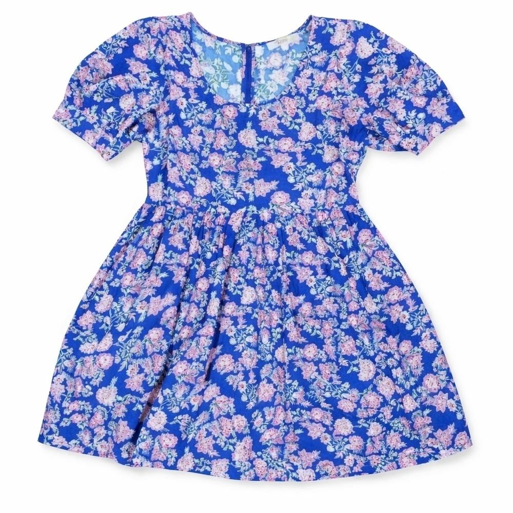 LOFT Floral Print Blue mini dress feminine puff short sleeve  sz 14 - Picture 2 of 10